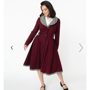 Unique Vintage Burgundy & Houndstooth Parkview Swing Coat